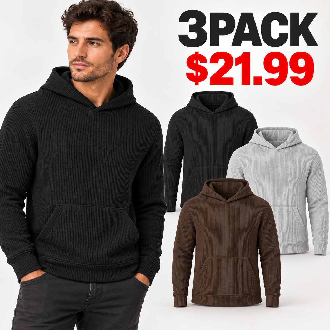 Black Heather Grey and Brown men's waffle knit hoodie 3PACK