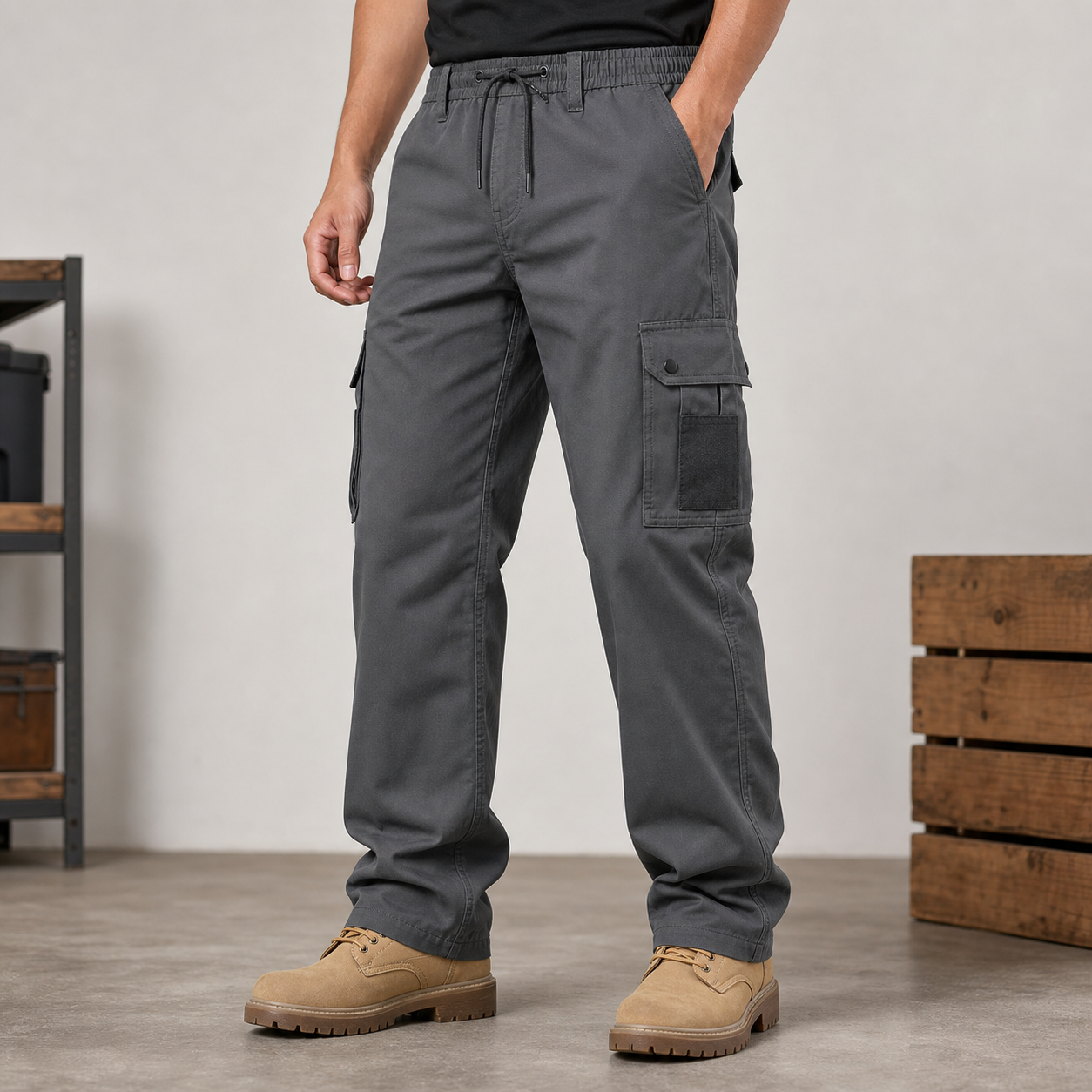 Charcoal gray men's cargo work pants model photo