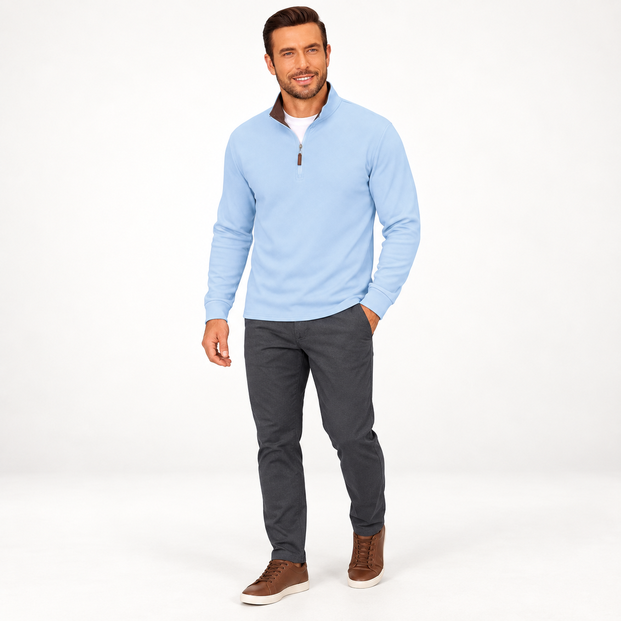 Man wearing the GZUSK men's quarter-zip fleece pullover in A - Light Blue