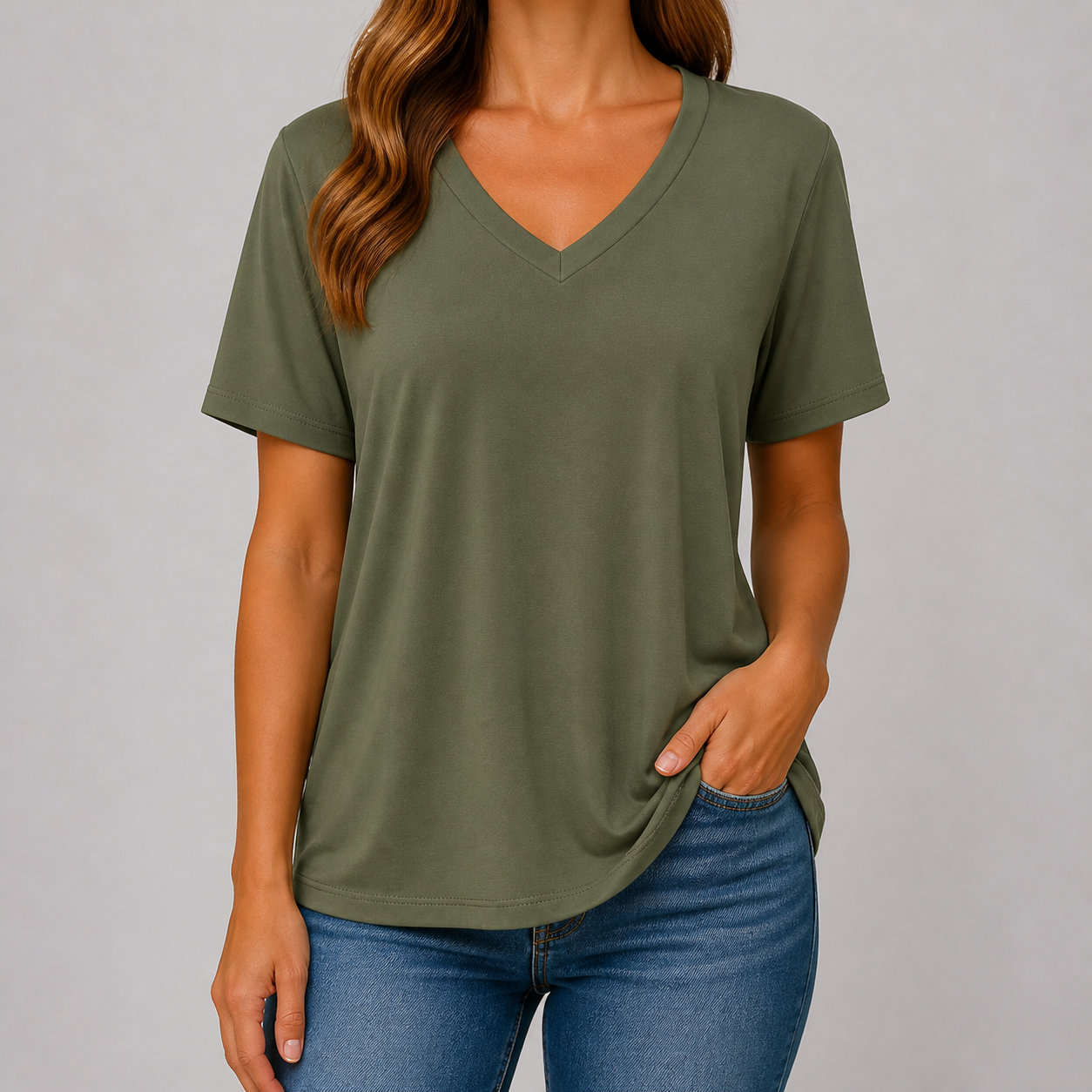 Army Green women's soft V-neck half-sleeve T-shirt model try-on