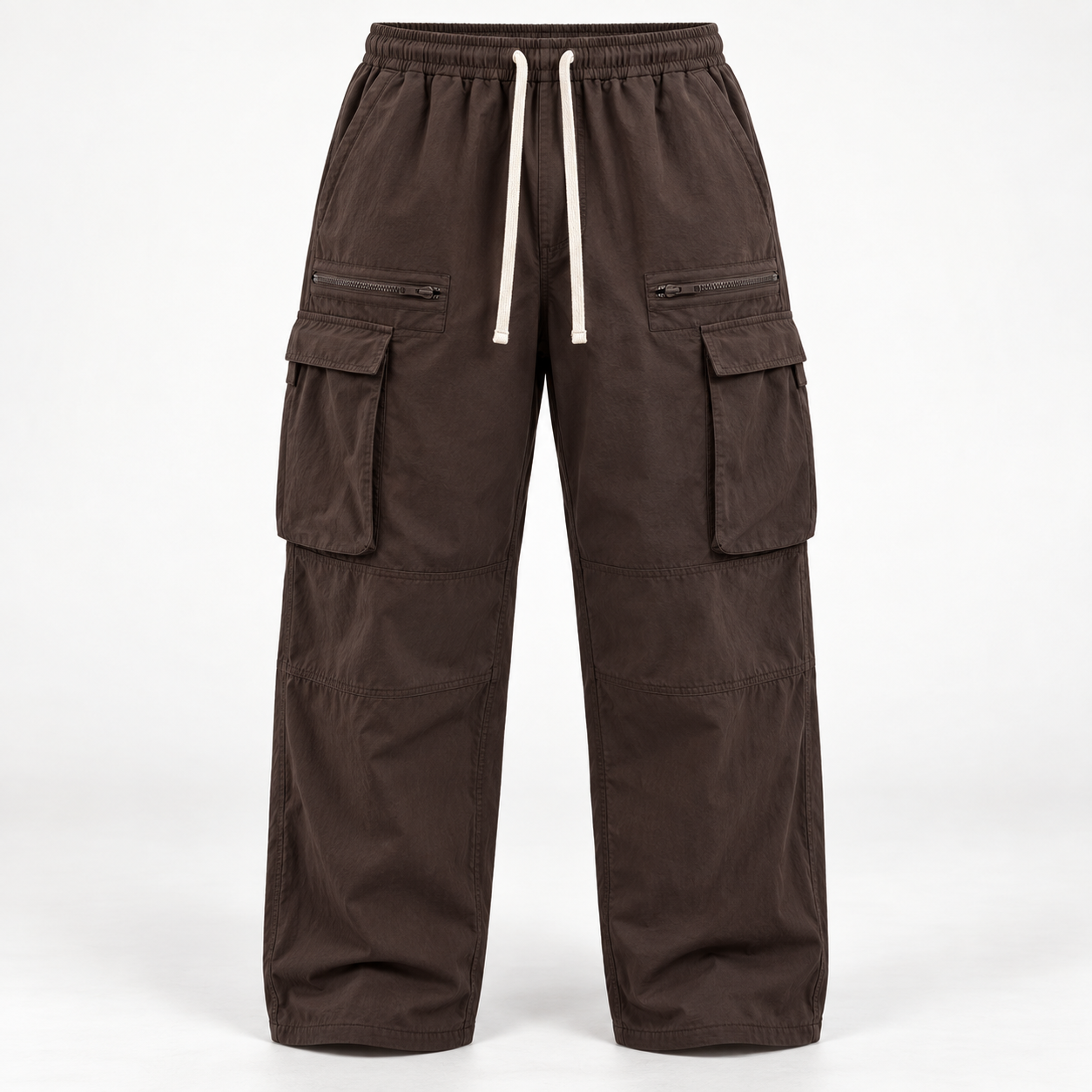 Dark Brown loose-fit drawstring cargo pants, front product view