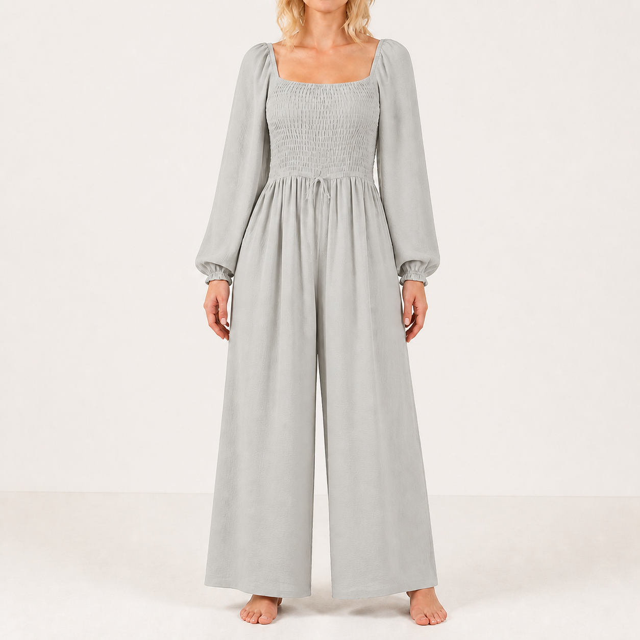 Women's square-neck smocked wide-leg jumpsuit — Light Grey 8-Pack