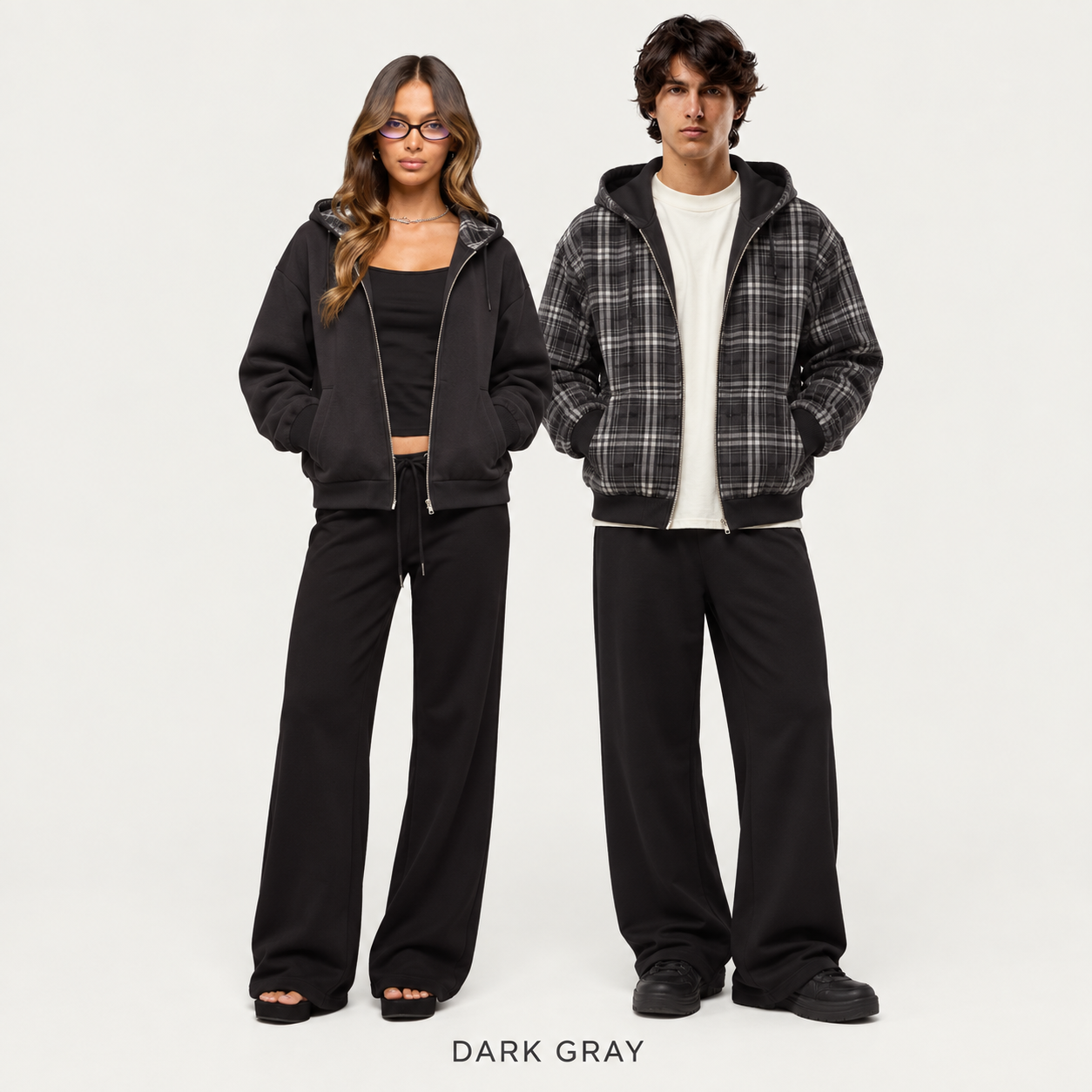 Dark Gray reversible plaid hooded jacket modeled by women and men