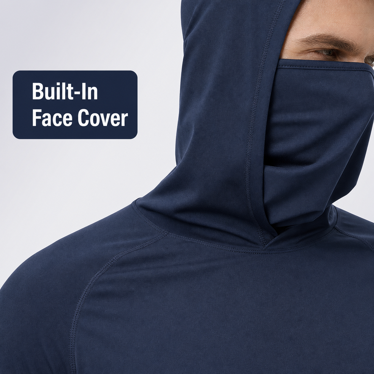 Built-in face cover detail on hooded sun shirt