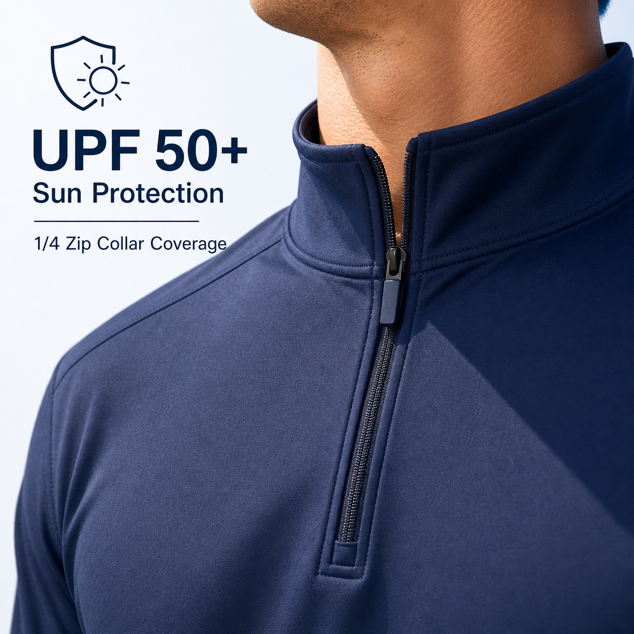UPF 50 plus sun protection and quarter zip collar detail