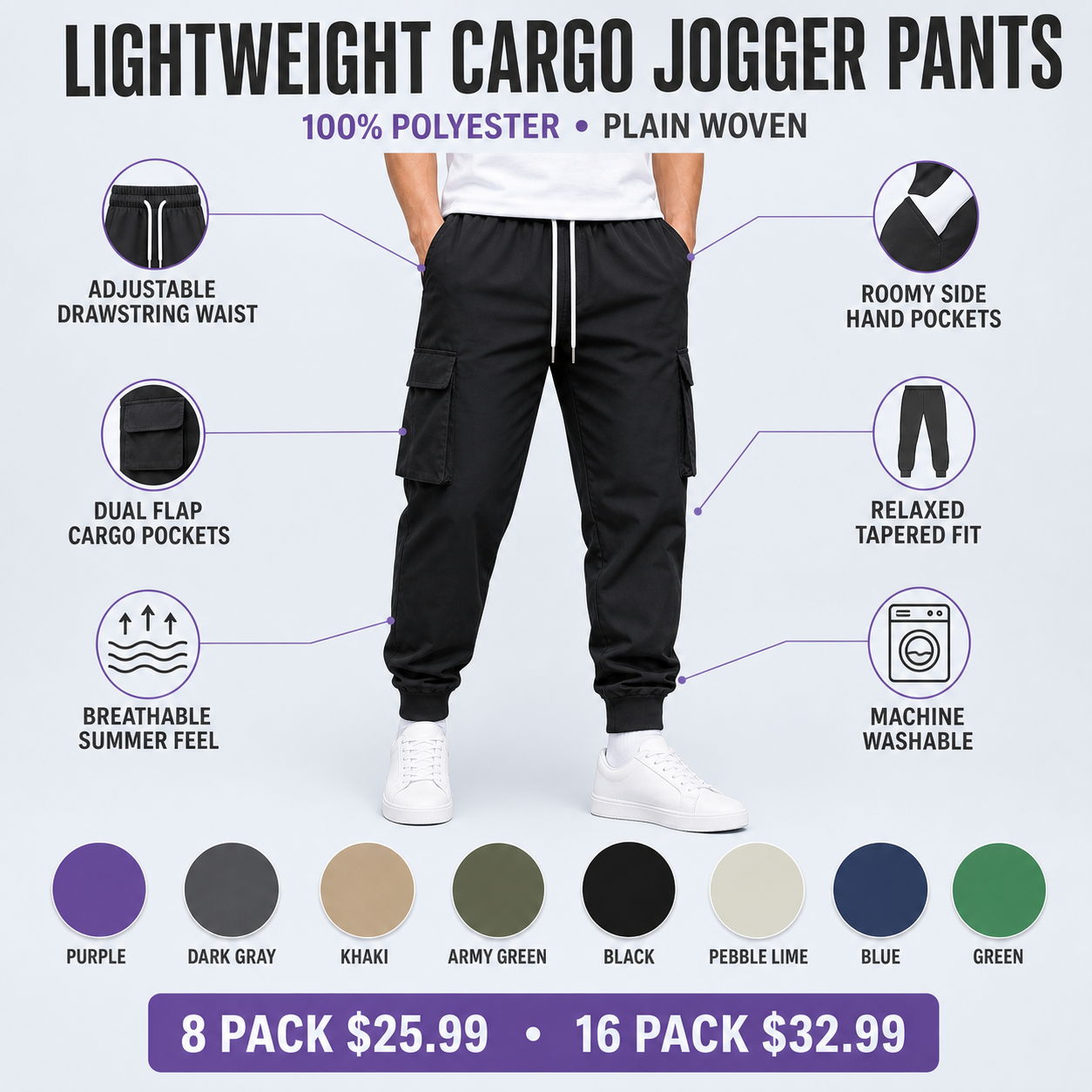 Men's lightweight cargo jogger pants feature overview and eight colors