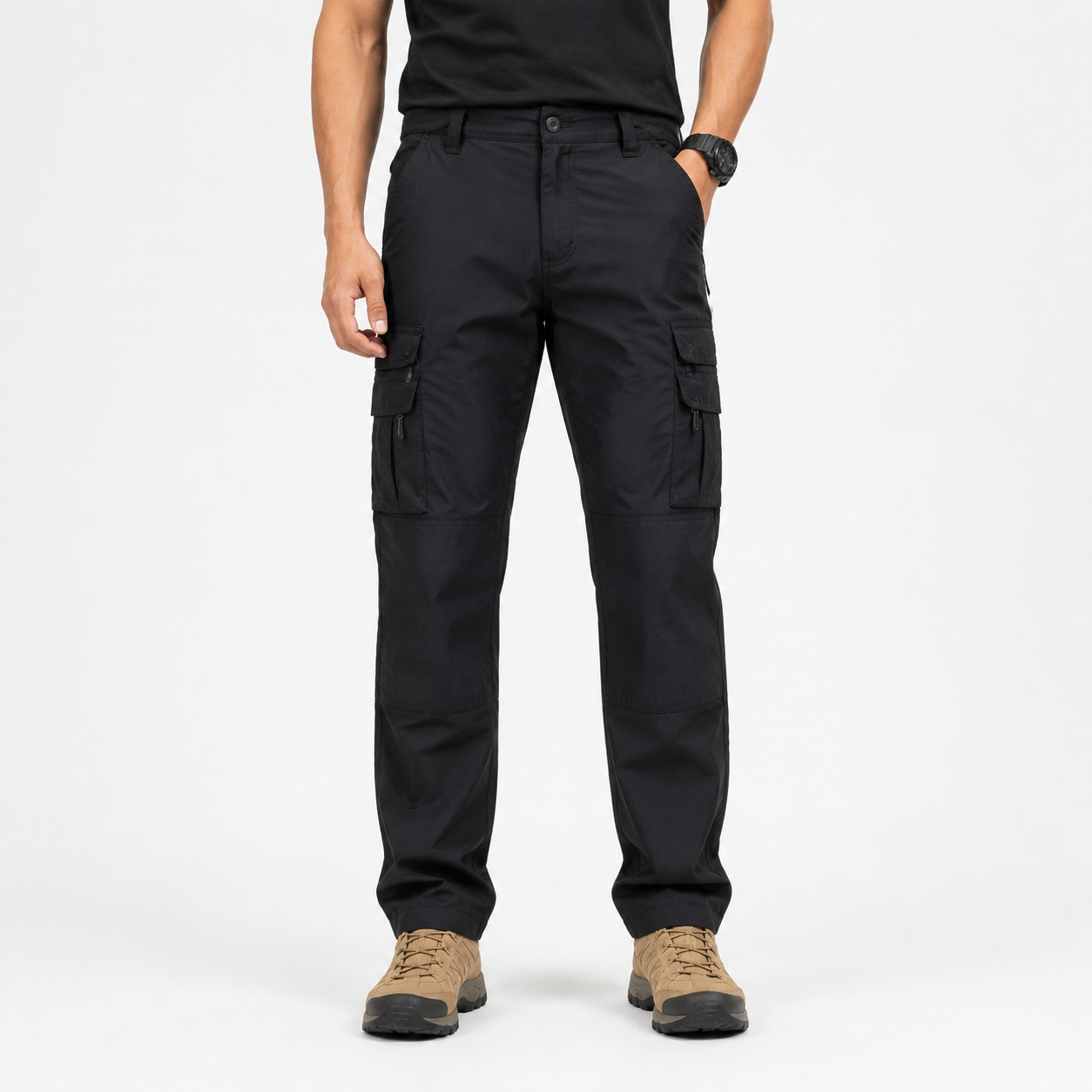 Black men's tactical cargo work pants front view