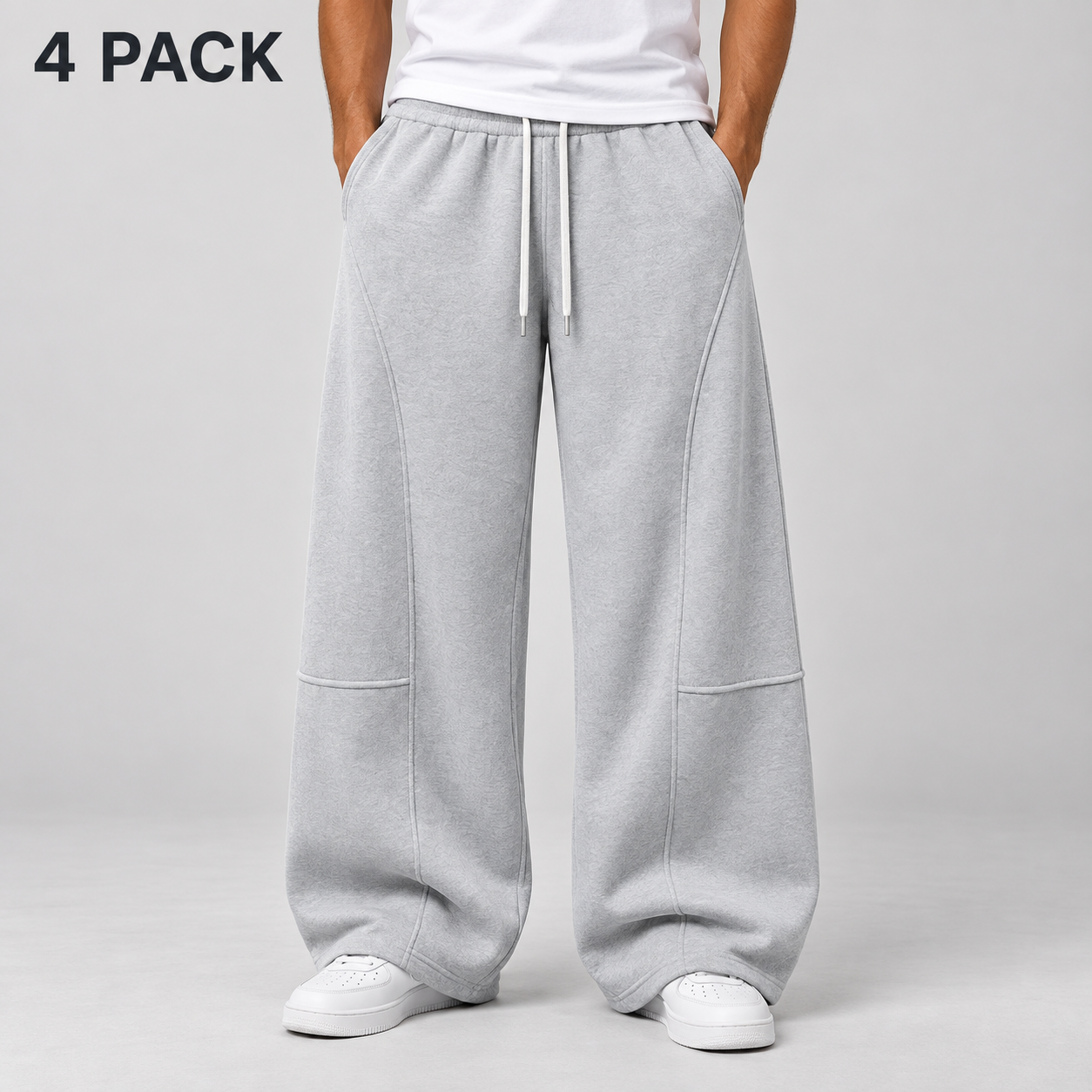 Faceless adult male wearing light gray wide-leg sweatpants, labeled 4 PACK.