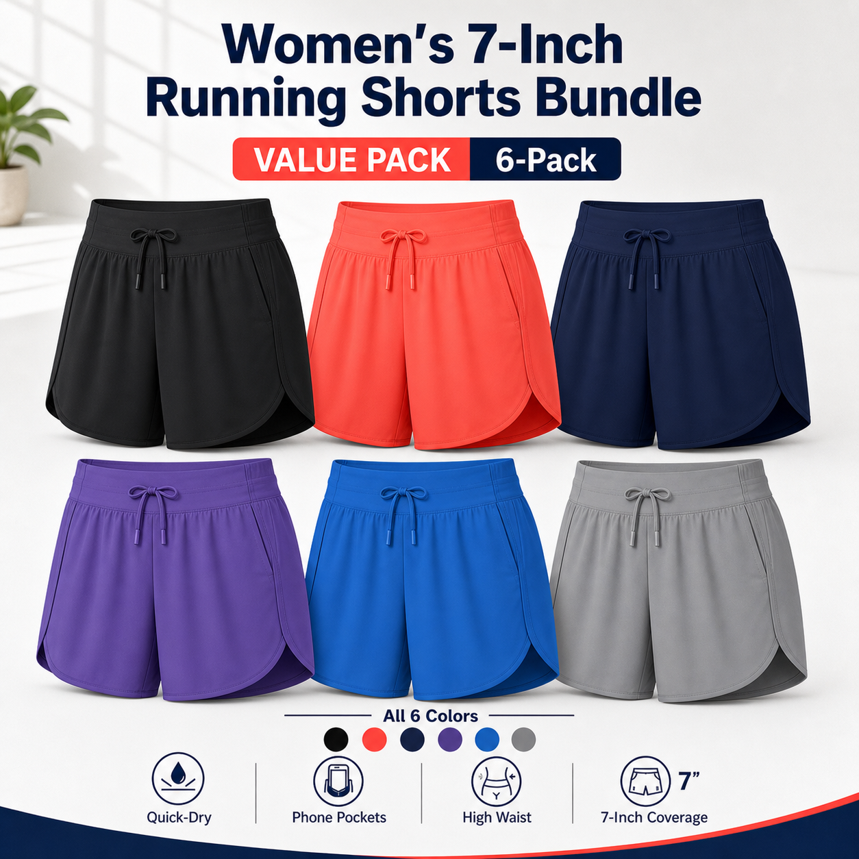 Women's 7-Inch High-Waist Quick-Dry Running Shorts Bundle
