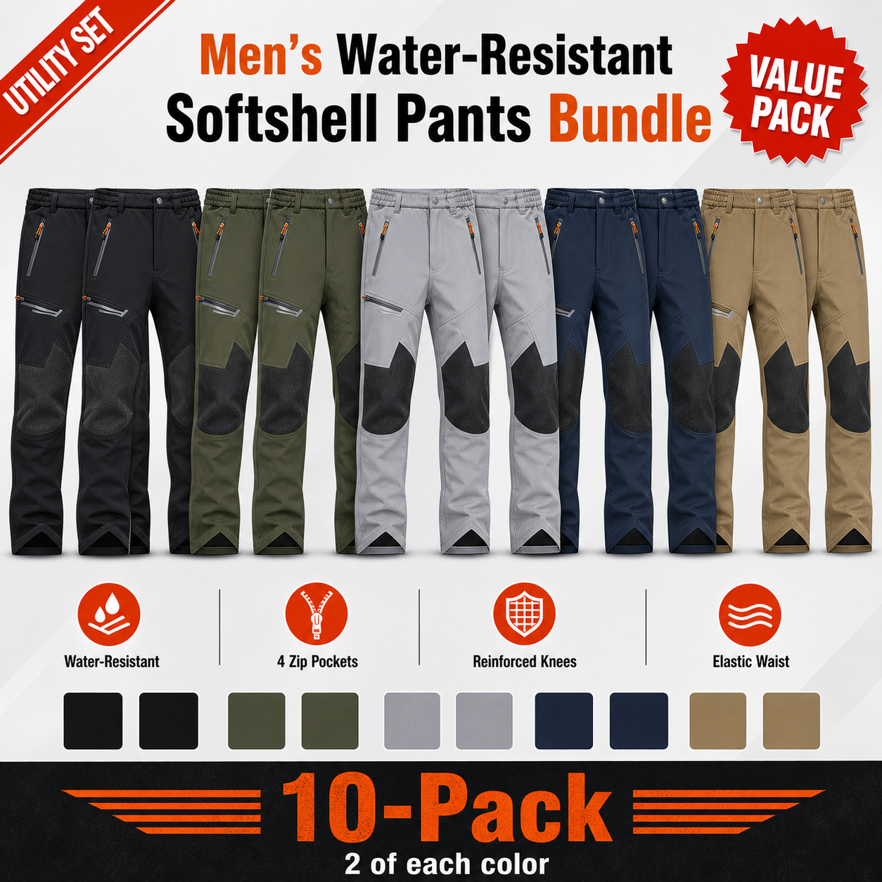 Mixed 10-Pack water-resistant softshell pants bundle