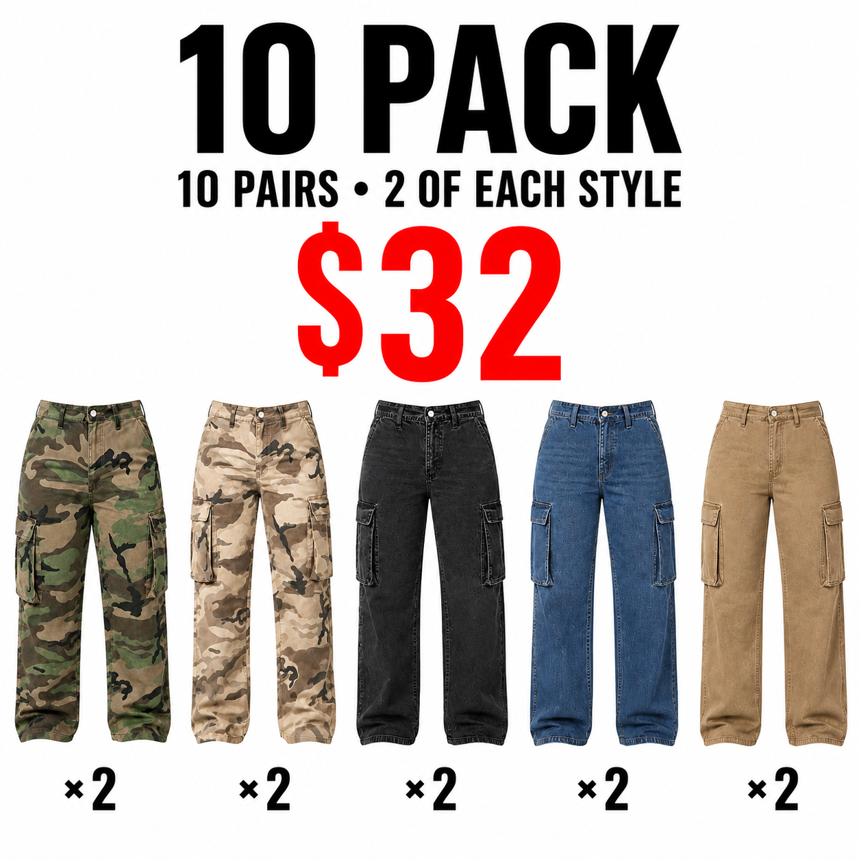 Mixed 5 Styles women's cargo denim jeans 10 Pack, $32