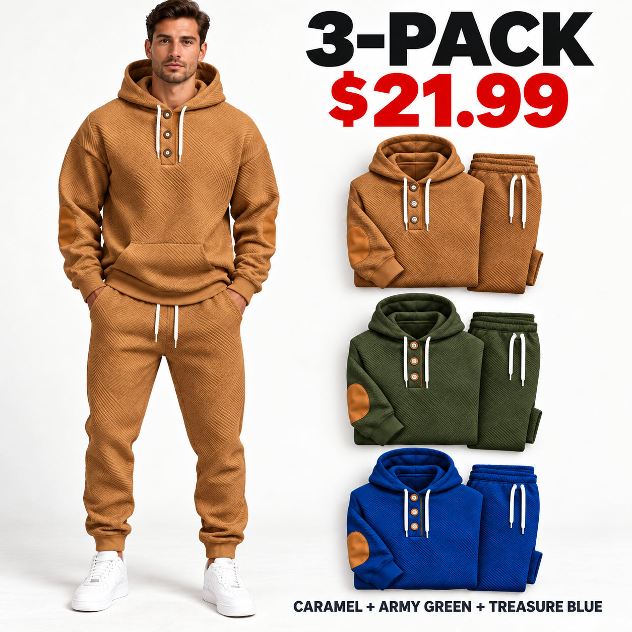 KRUIDA Men's 2-Piece Textured Hoodie Tracksuit - package 3pack color