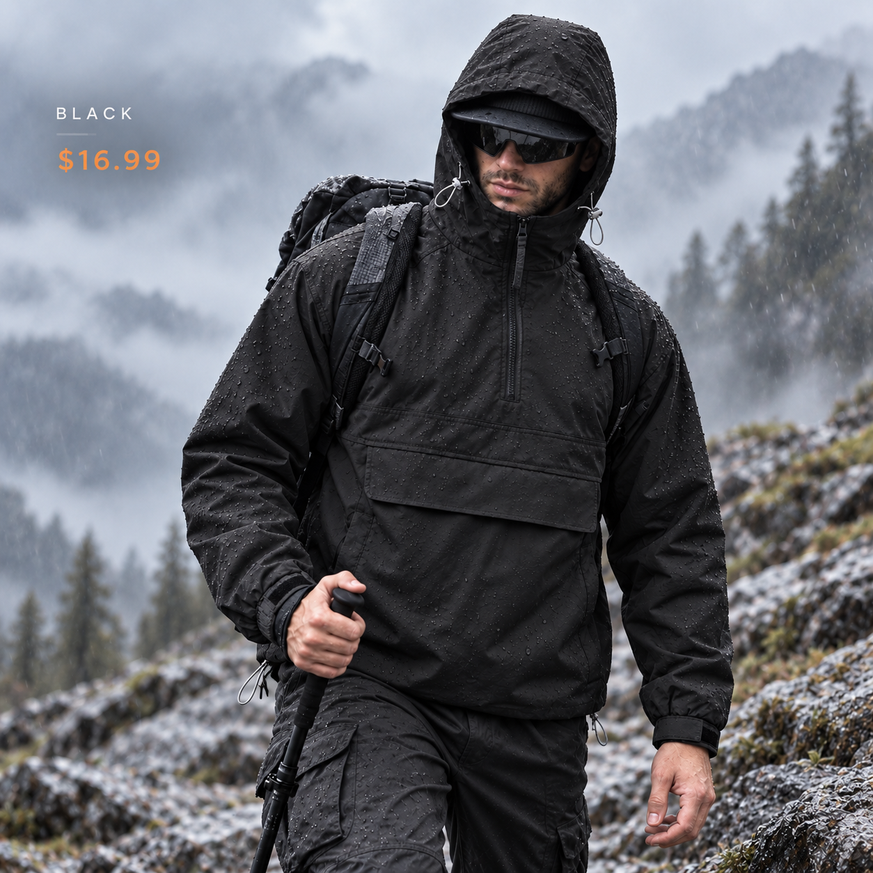 Regular single Black hooded half-zip utility jacket