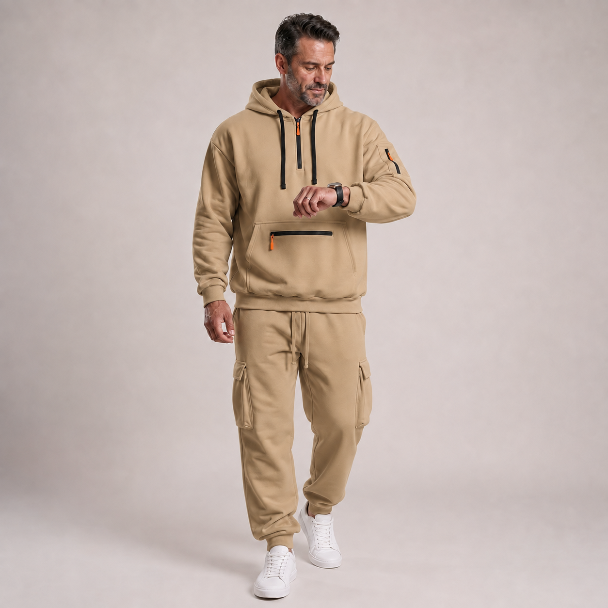 Khaki men's hooded quarter-zip top and cargo jogger 2-piece set