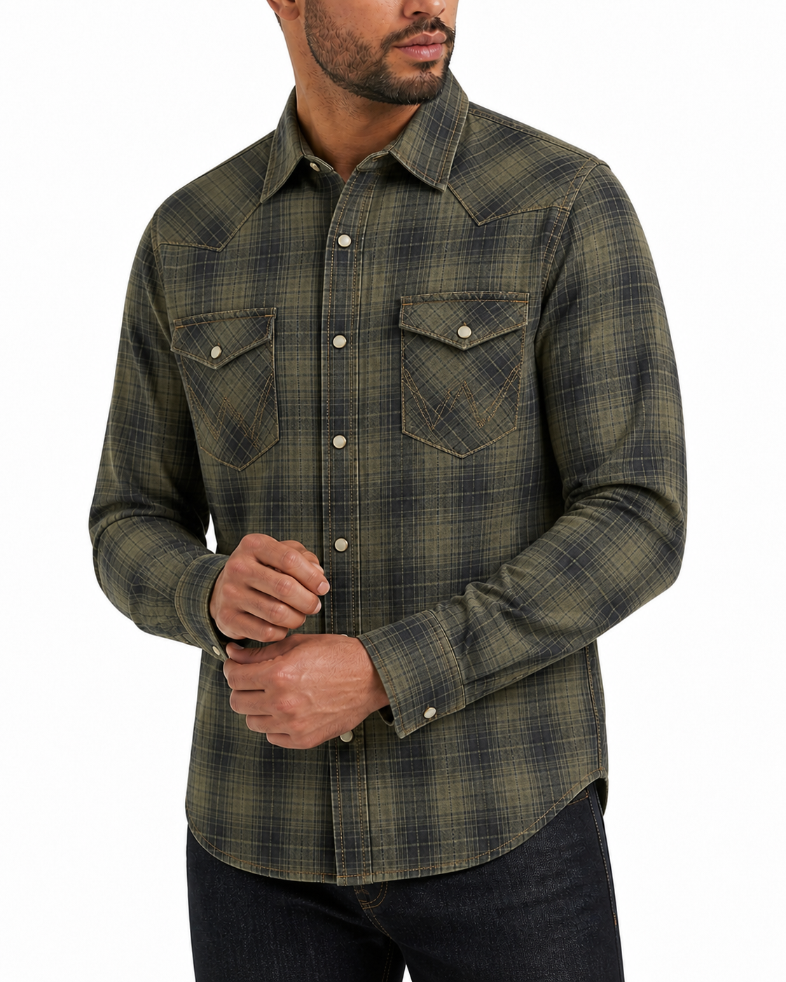 Thyme Plaid men's western snap shirt model try-on