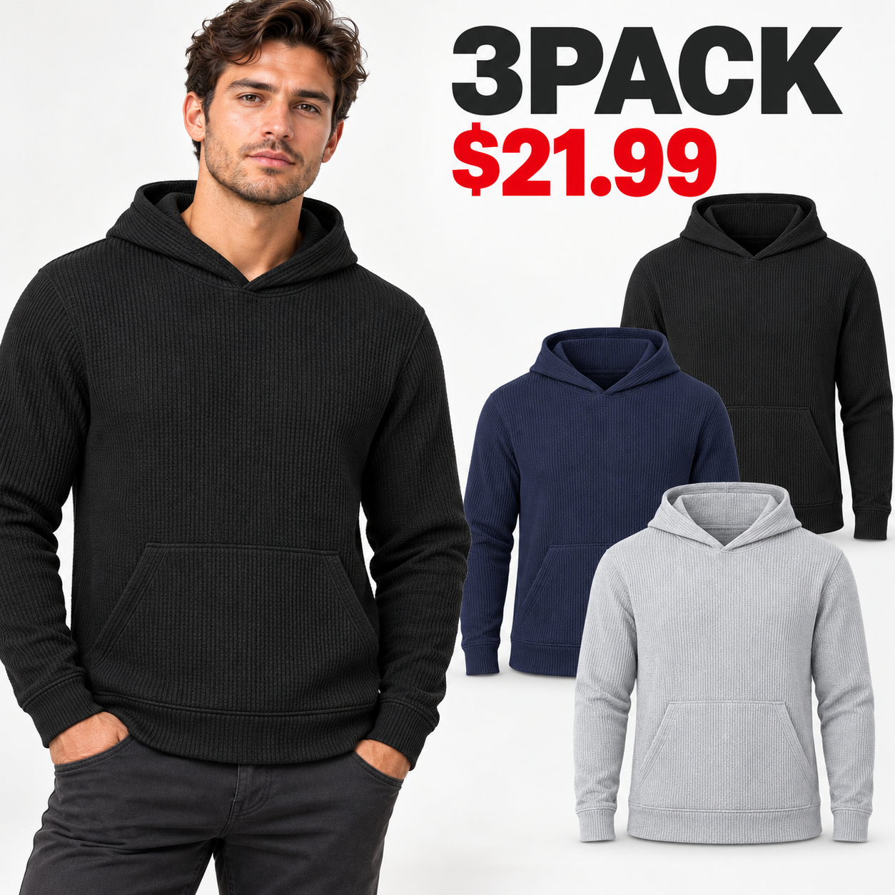 Black Navy and Heather Grey men's waffle knit hoodie 3PACK