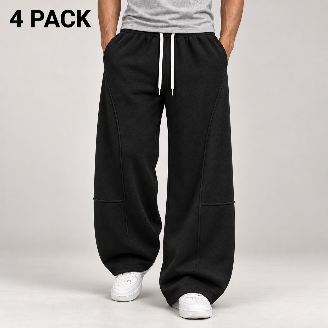 Faceless adult male wearing black wide-leg sweatpants, labeled 4 PACK.