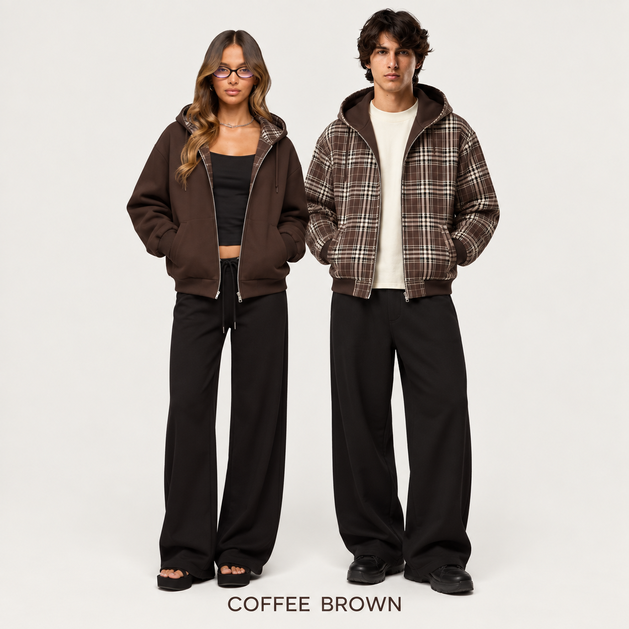 Coffee Brown reversible plaid hooded jacket modeled by women and men