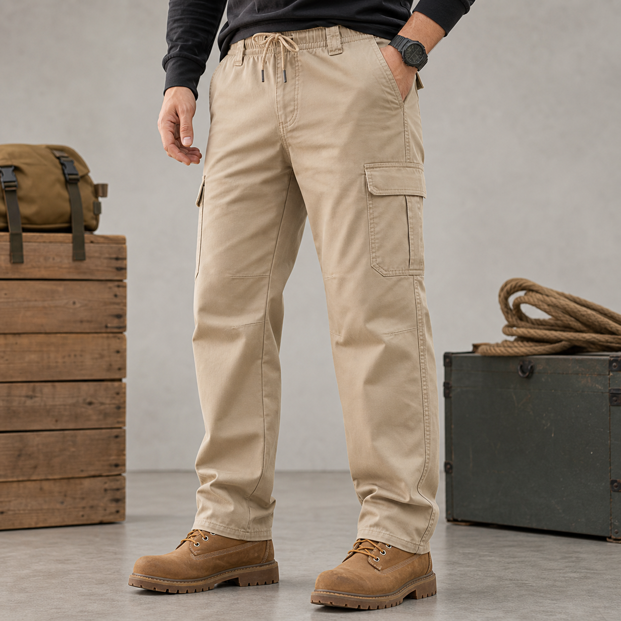 Khaki beige men's cargo work pants model photo