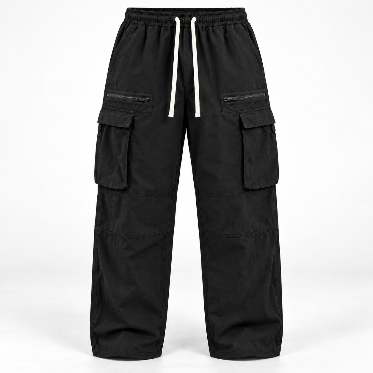 Black loose-fit drawstring cargo pants, front product view