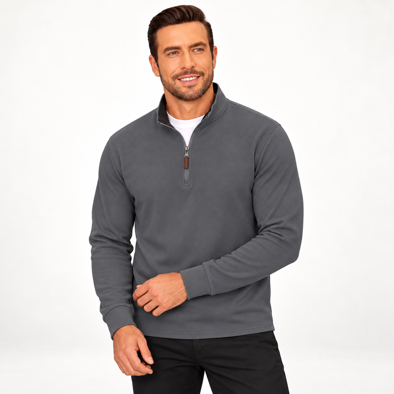 Man wearing the GZUSK men's quarter-zip fleece pullover in Dark Grey