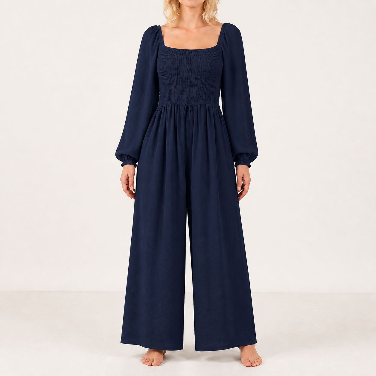 Women's square-neck smocked wide-leg jumpsuit — Navy Blue 8-Pack