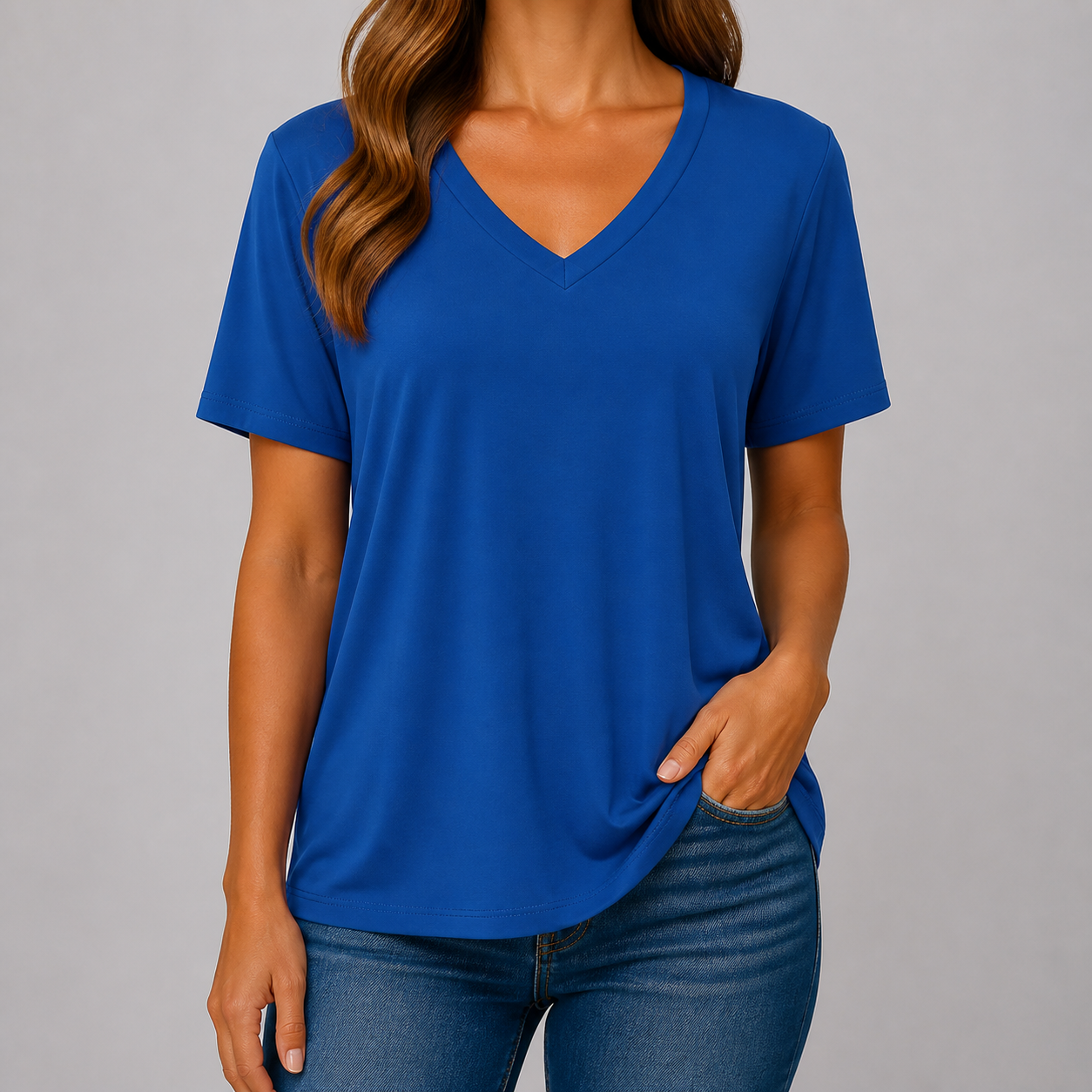 Royal Blue women's soft V-neck half-sleeve T-shirt model try-on