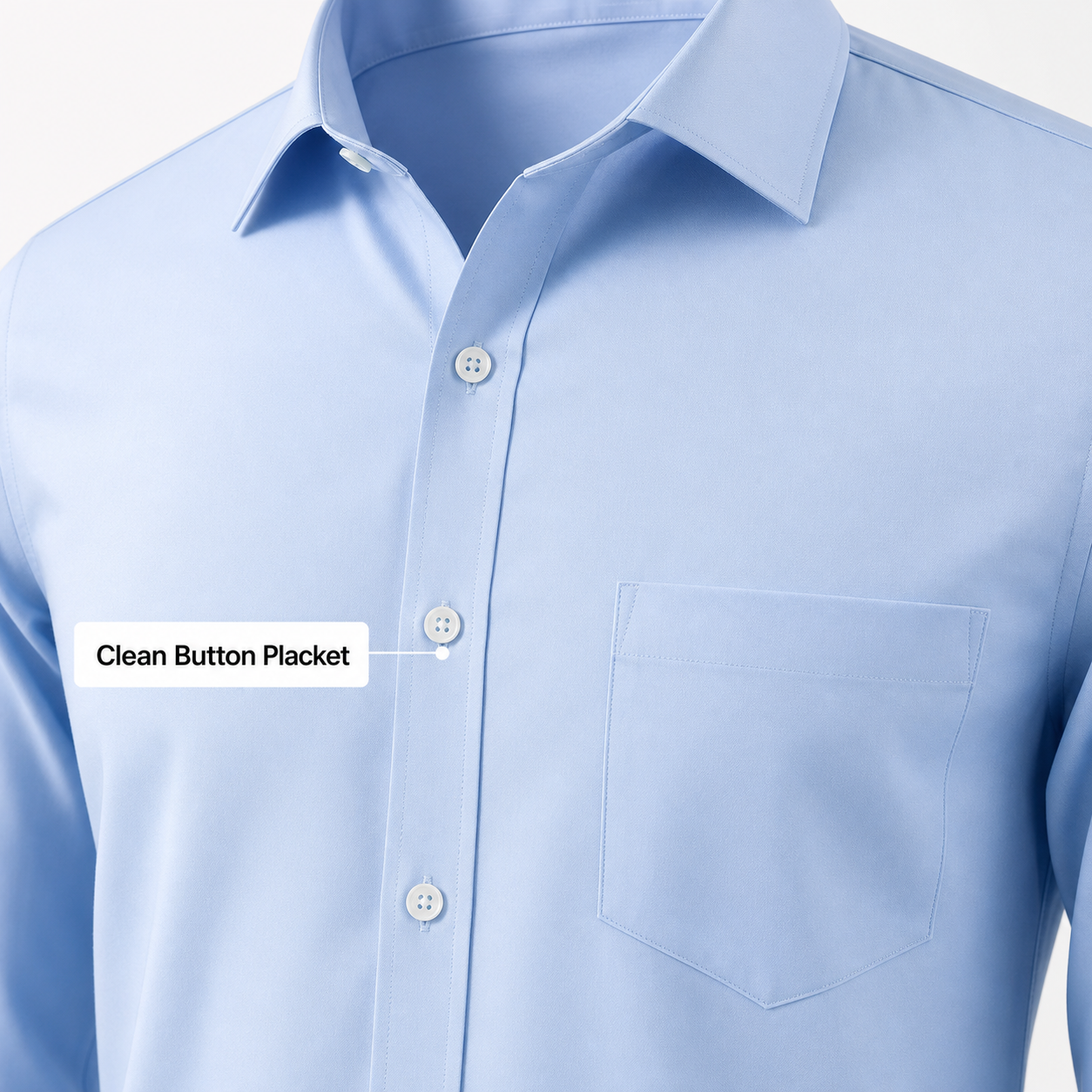 Men's dress shirt collar button placket and chest pocket detail