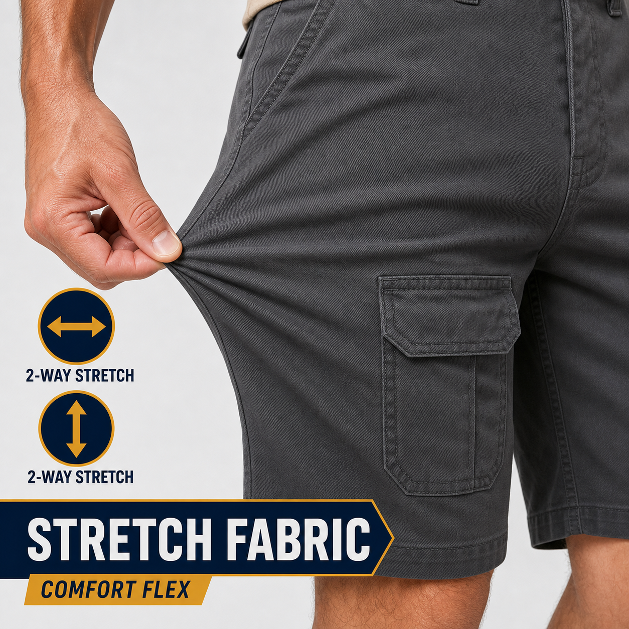 Stretch fabric detail on men's cargo shorts