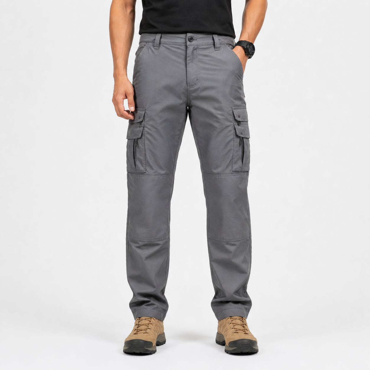 Grey men's tactical cargo work pants front view