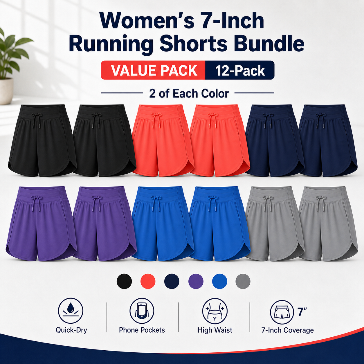 Women's 7-Inch High-Waist Quick-Dry Running Shorts Bundle