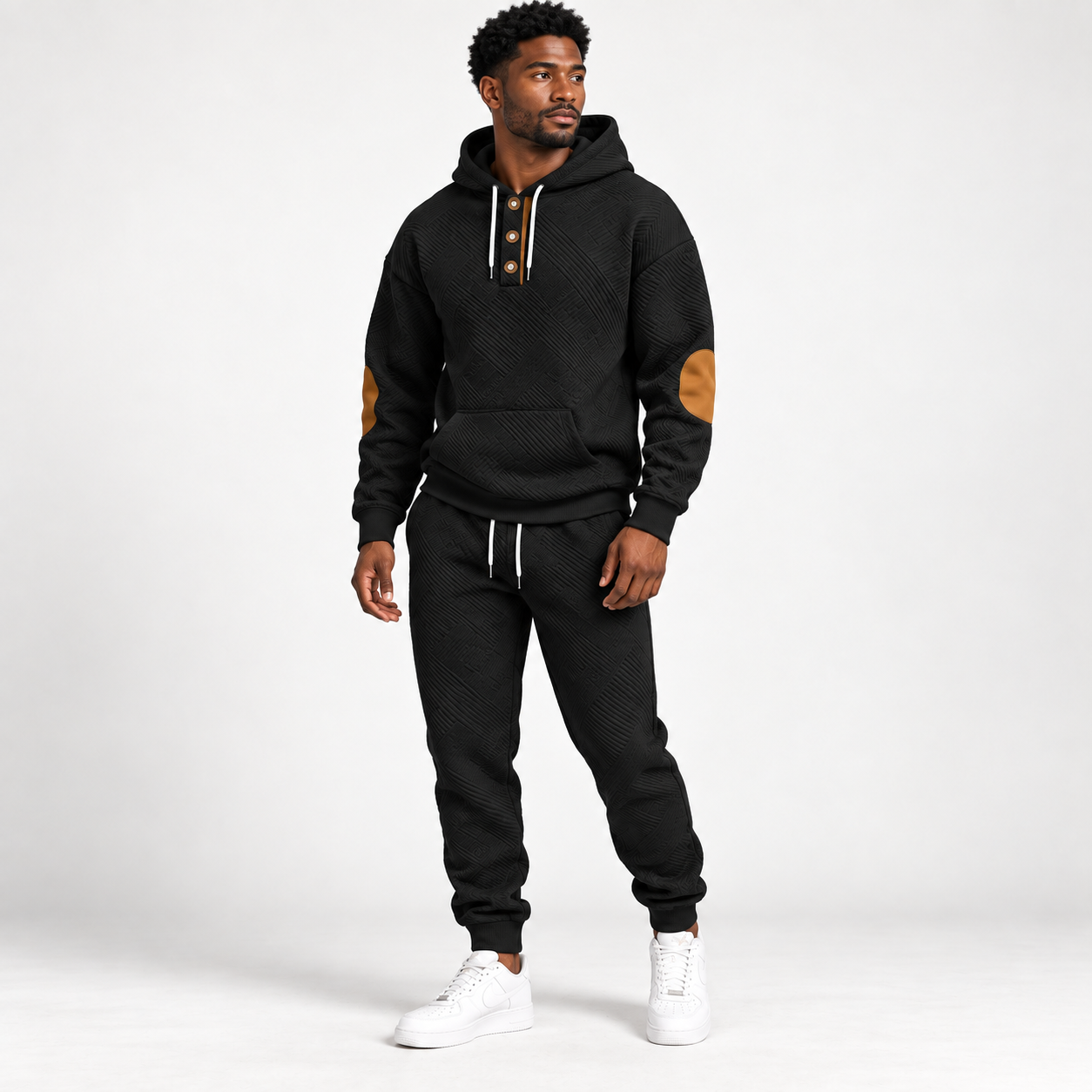 KRUIDA Men's 2-Piece Textured Hoodie Tracksuit - single black