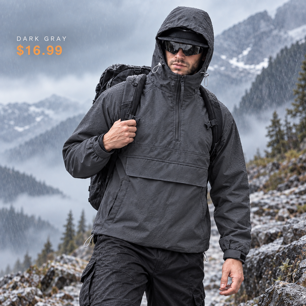Regular single Dark Gray hooded half-zip utility jacket