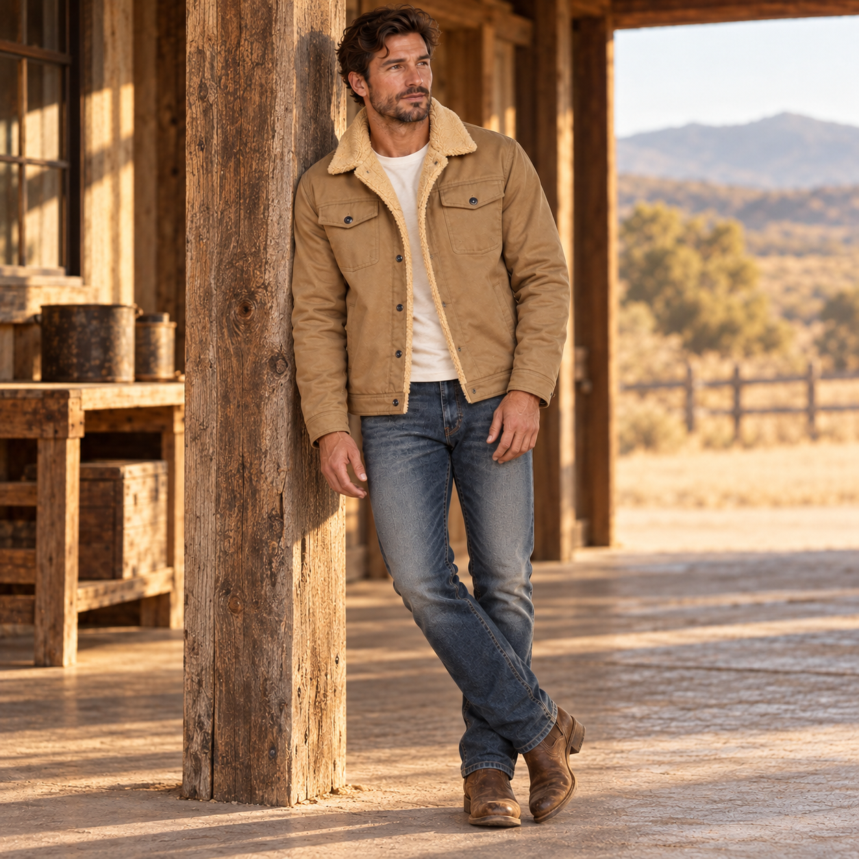 Khaki sherpa-lined trucker jacket