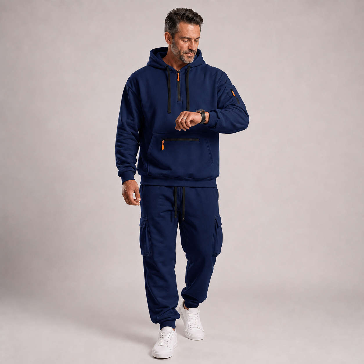 Navy Blue men's hooded quarter-zip top and cargo jogger 2-piece set