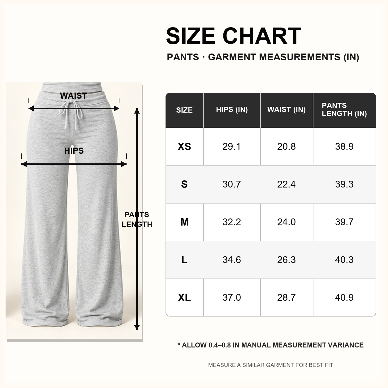 Women’s lounge pants size chart in inches, XS to XL