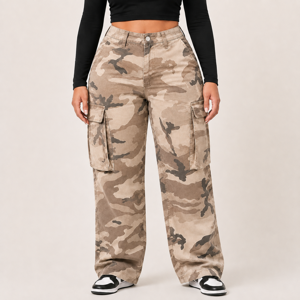 Desert Tan Camo high-rise cargo denim jeans, front view