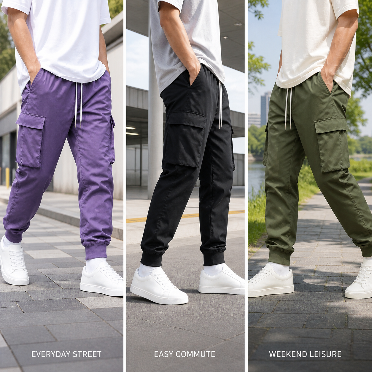 Purple, Black, and Army Green cargo jogger pants in casual settings