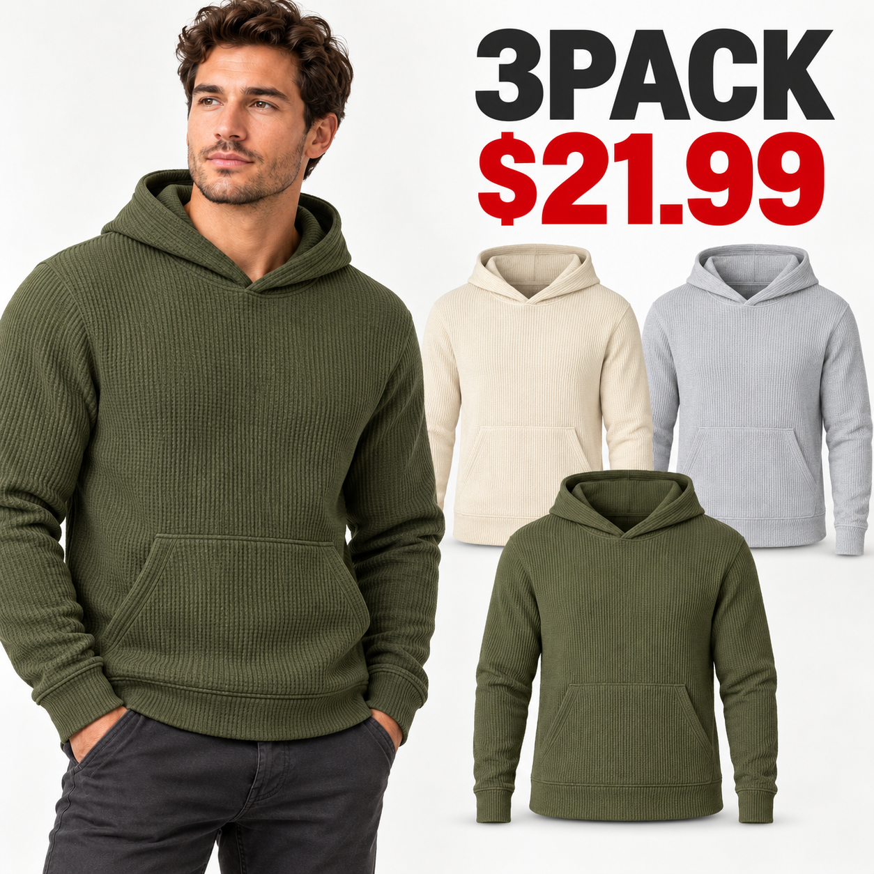 Olive Natural and Heather Grey men's waffle knit hoodie 3PACK