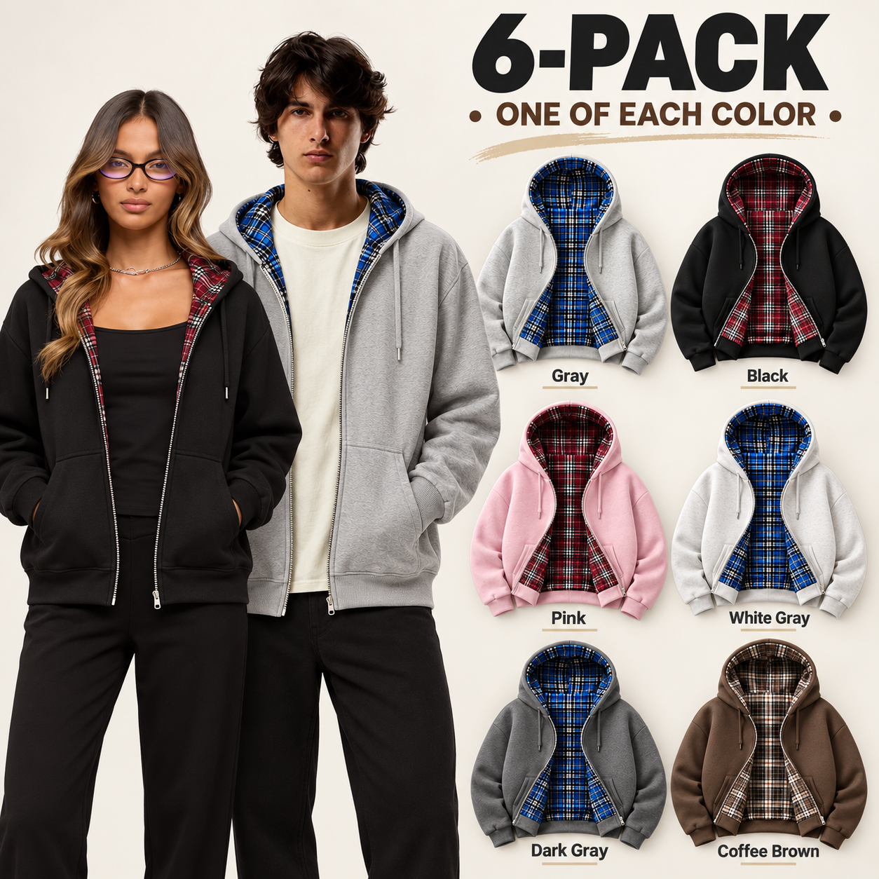 Six-pack reversible jackets with all six colors