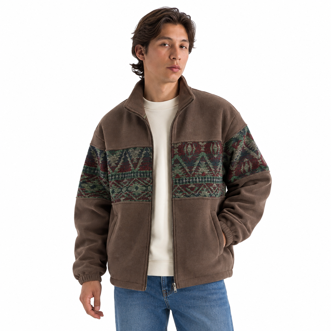 Brown ethnic-pattern fleece jacket modeled with classic denim