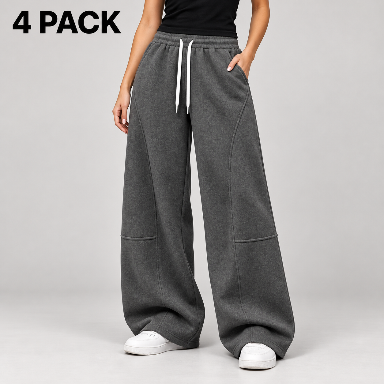 Faceless adult female wearing charcoal wide-leg sweatpants, labeled 4 PACK.