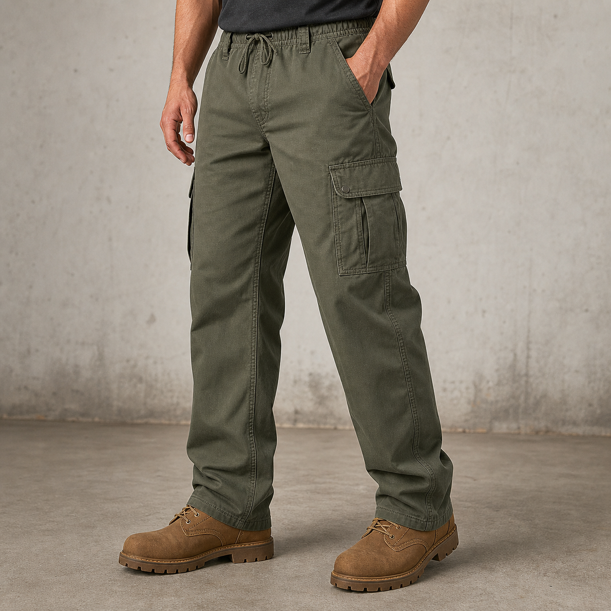 Olive green men's cargo work pants model photo