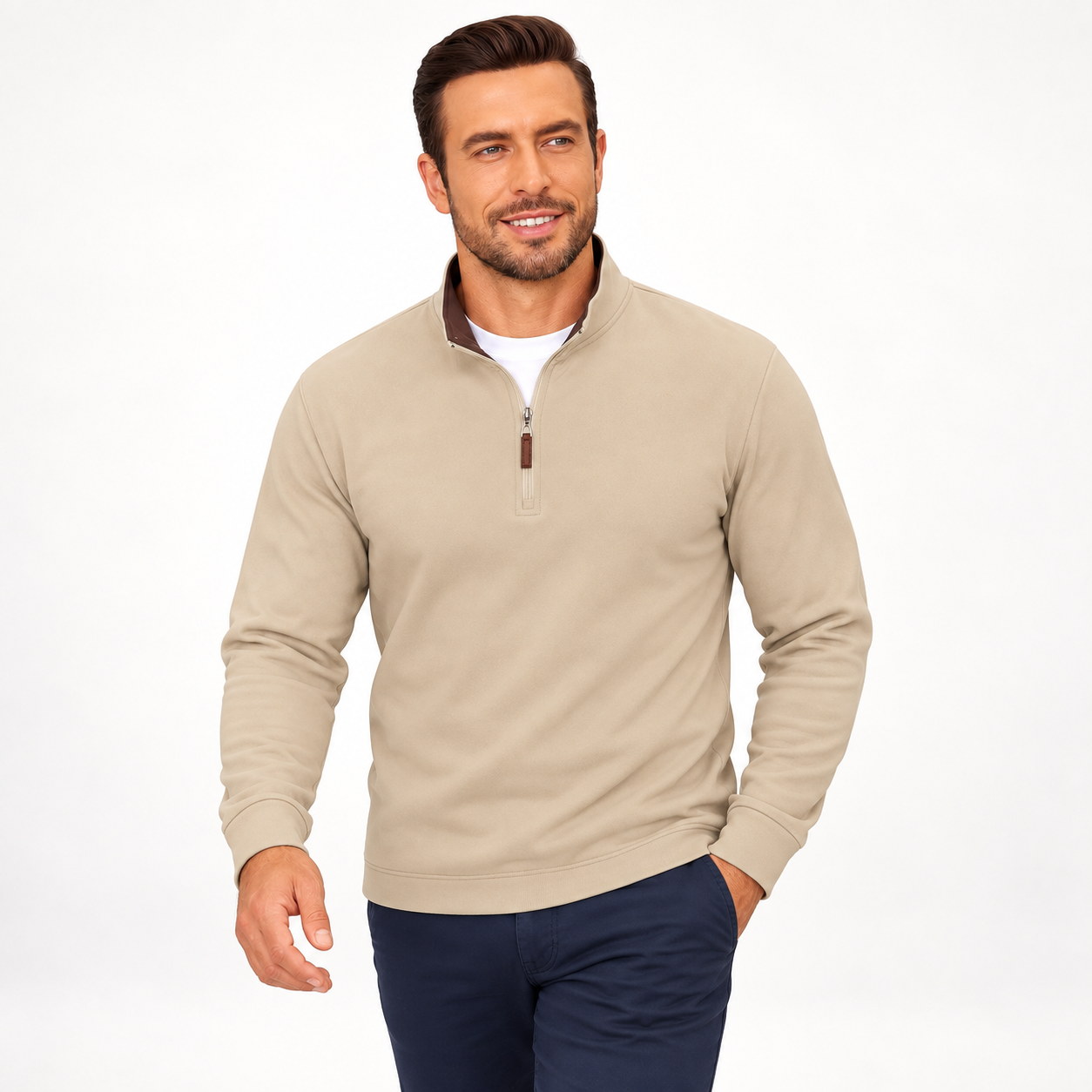 Man wearing the GZUSK men's quarter-zip fleece pullover in Khaki