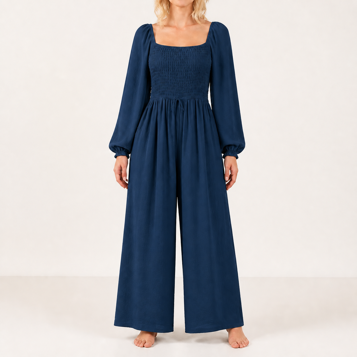Women's square-neck smocked wide-leg jumpsuit — Prussian Blue 8-Pack