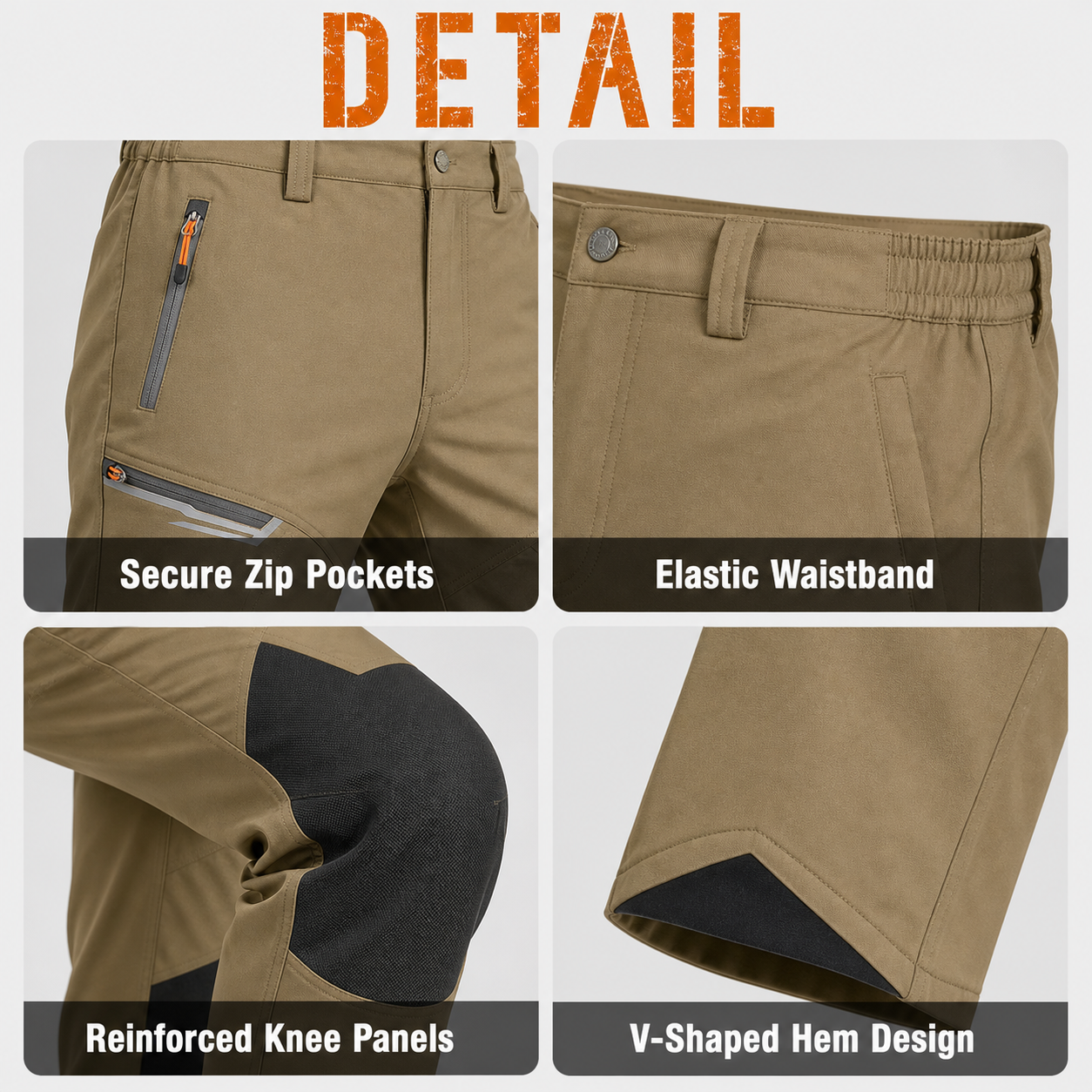 Secure zip pockets elastic waist reinforced knees and V-shaped hem details