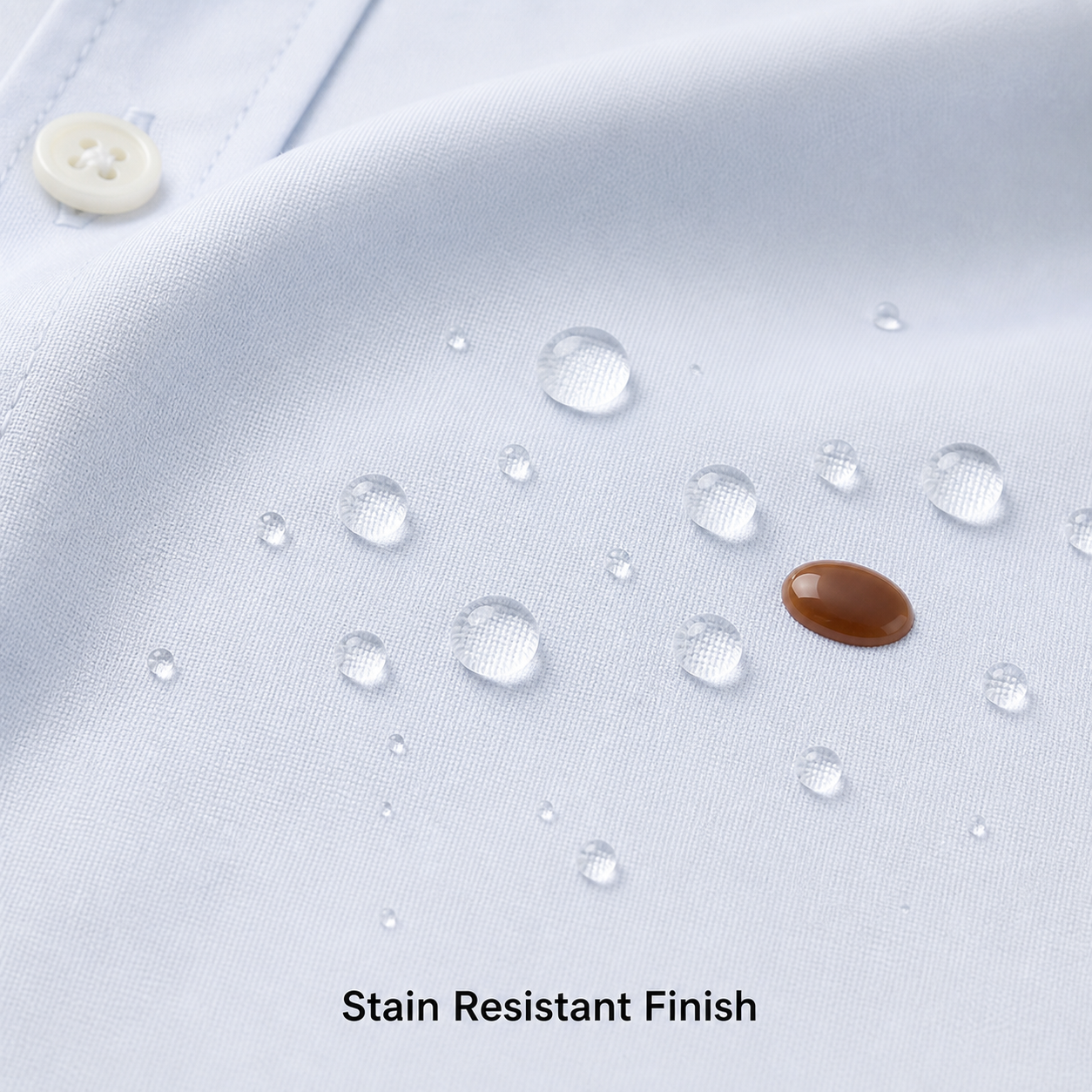 Men's dress shirt stain resistant and water repellent finish detail