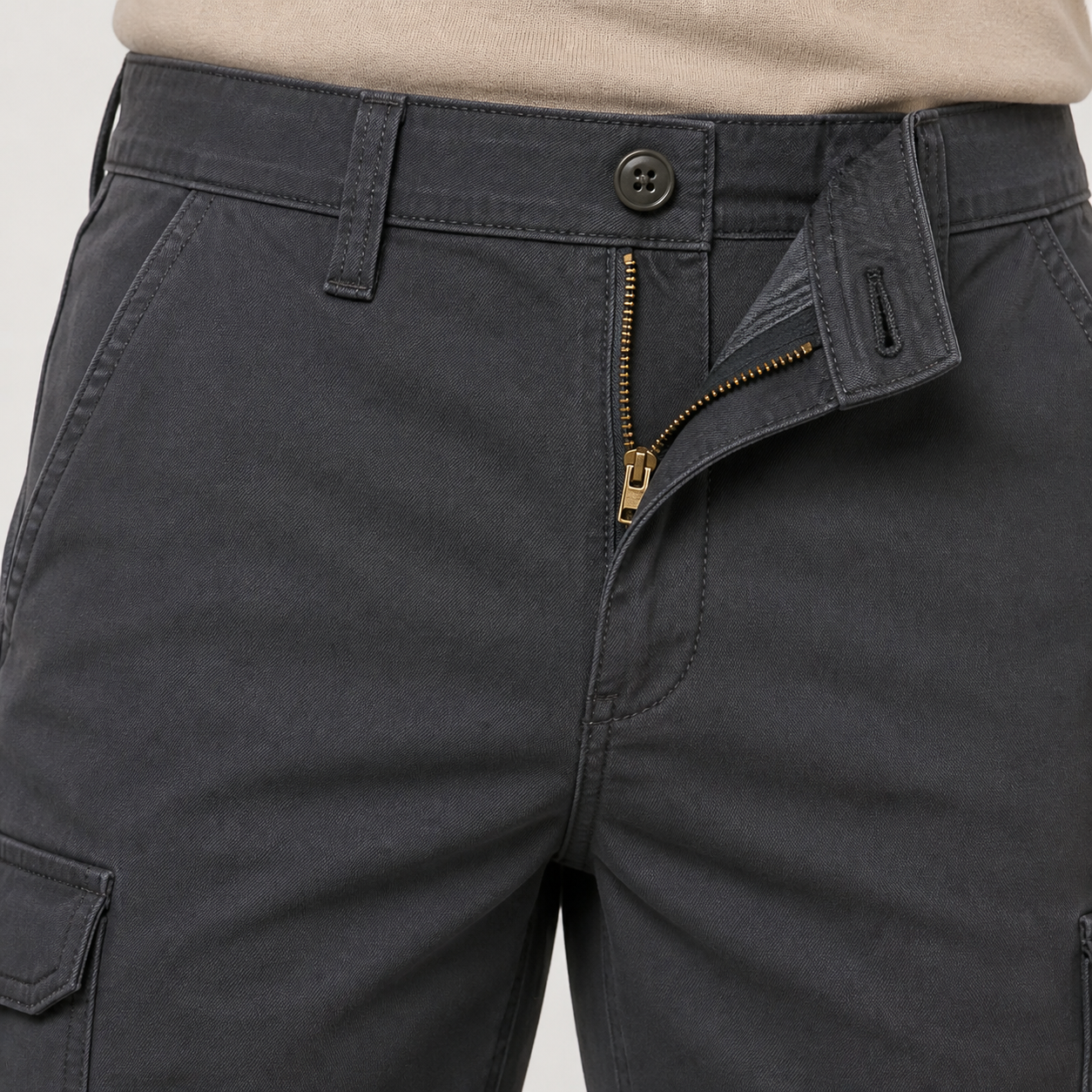 Zipper fly and button closure detail