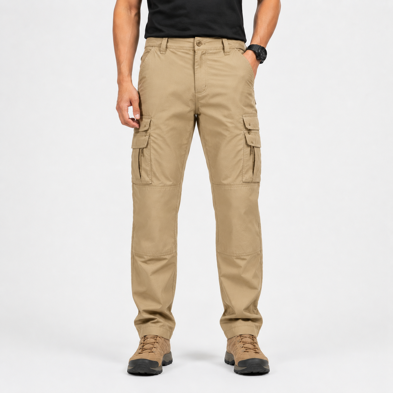 Khaki men's tactical cargo work pants front view
