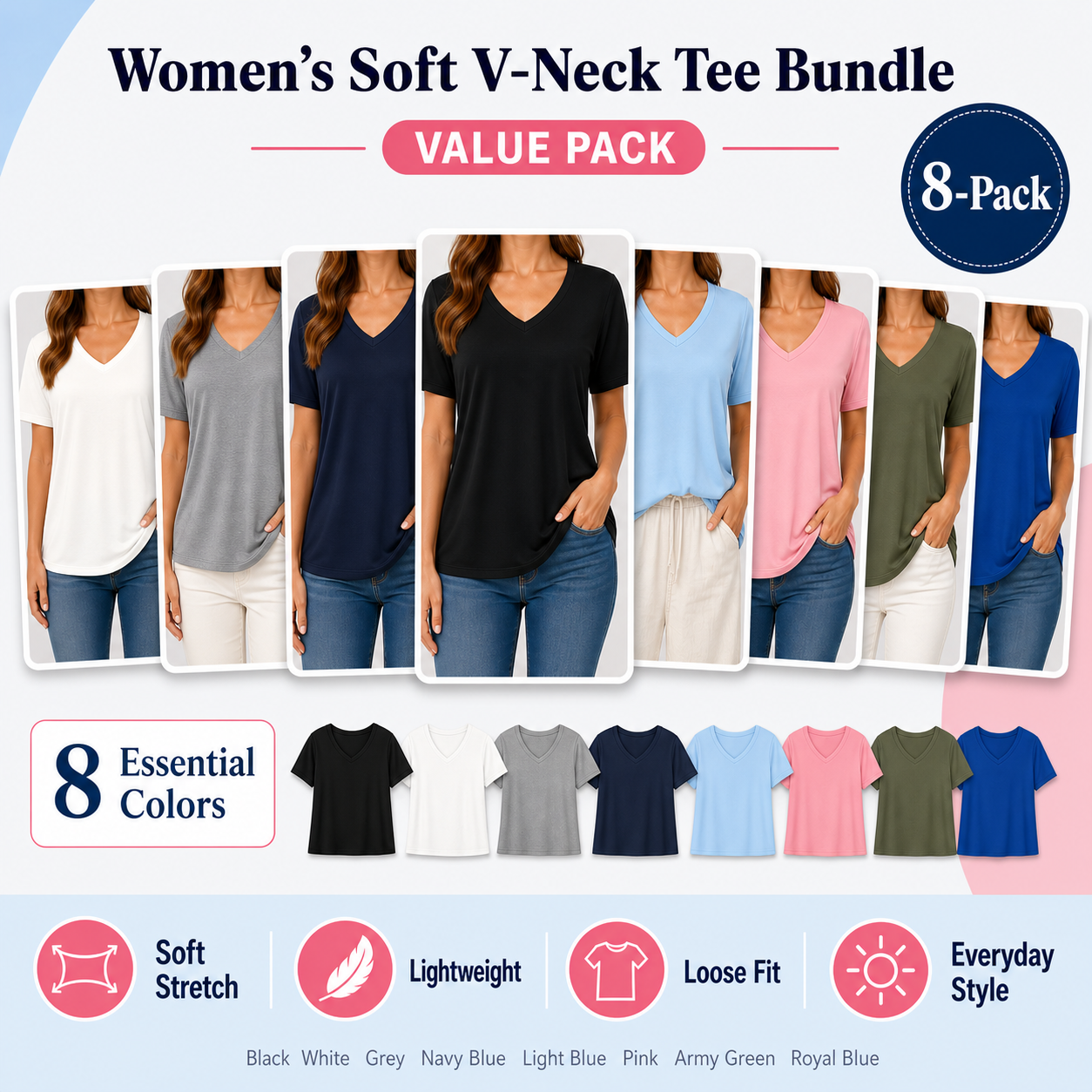 Women's soft V-neck T-shirt mixed 8-pack bundle